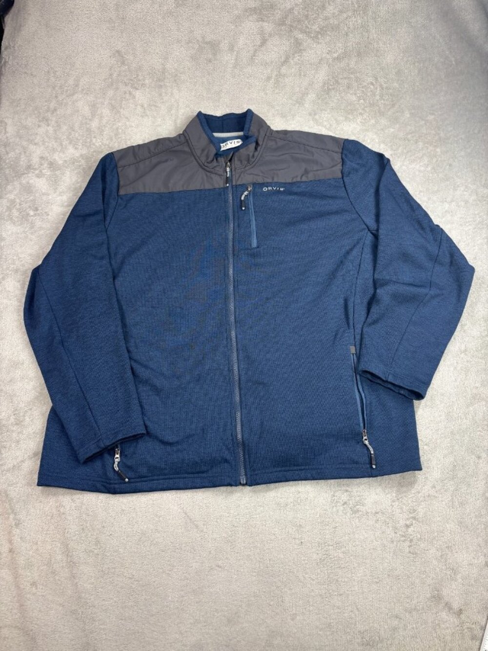 Orvis Jacket Mens 2XL Blue Fleece Lined Contrasting Shoulder Mock Neck Full Zip